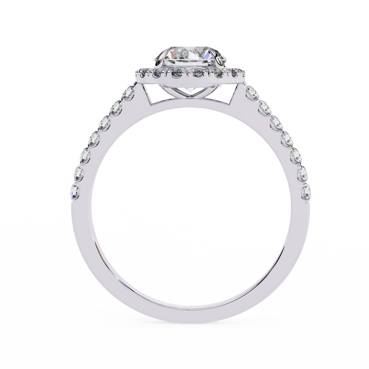 White Gold Round Brilliant Diamond Halo Ring with Pavé Band
