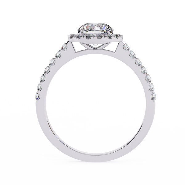 White Gold Round Brilliant Diamond Halo Ring with Pavé Band