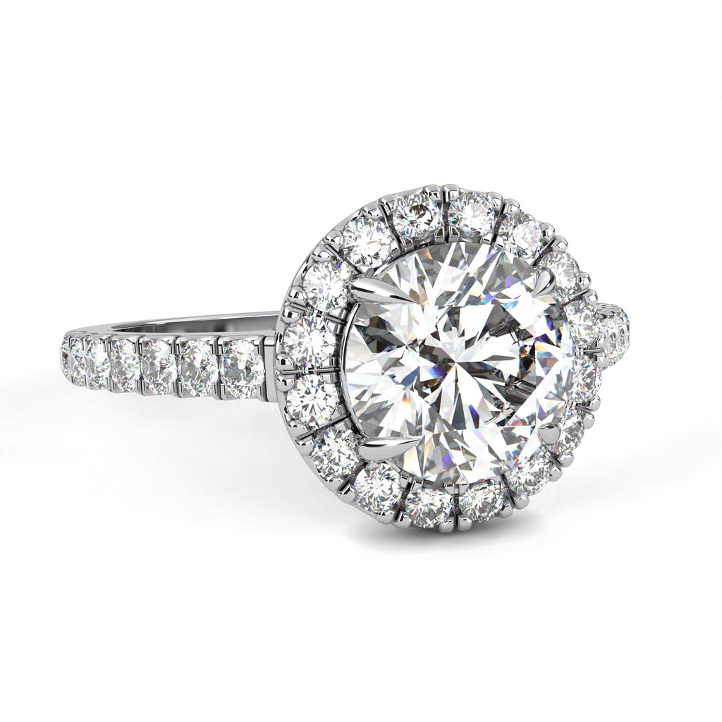 White Gold Round Brilliant Diamond Halo Ring with Pavé Band
