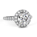 White Gold Round Brilliant Diamond Halo Ring with Pavé Band