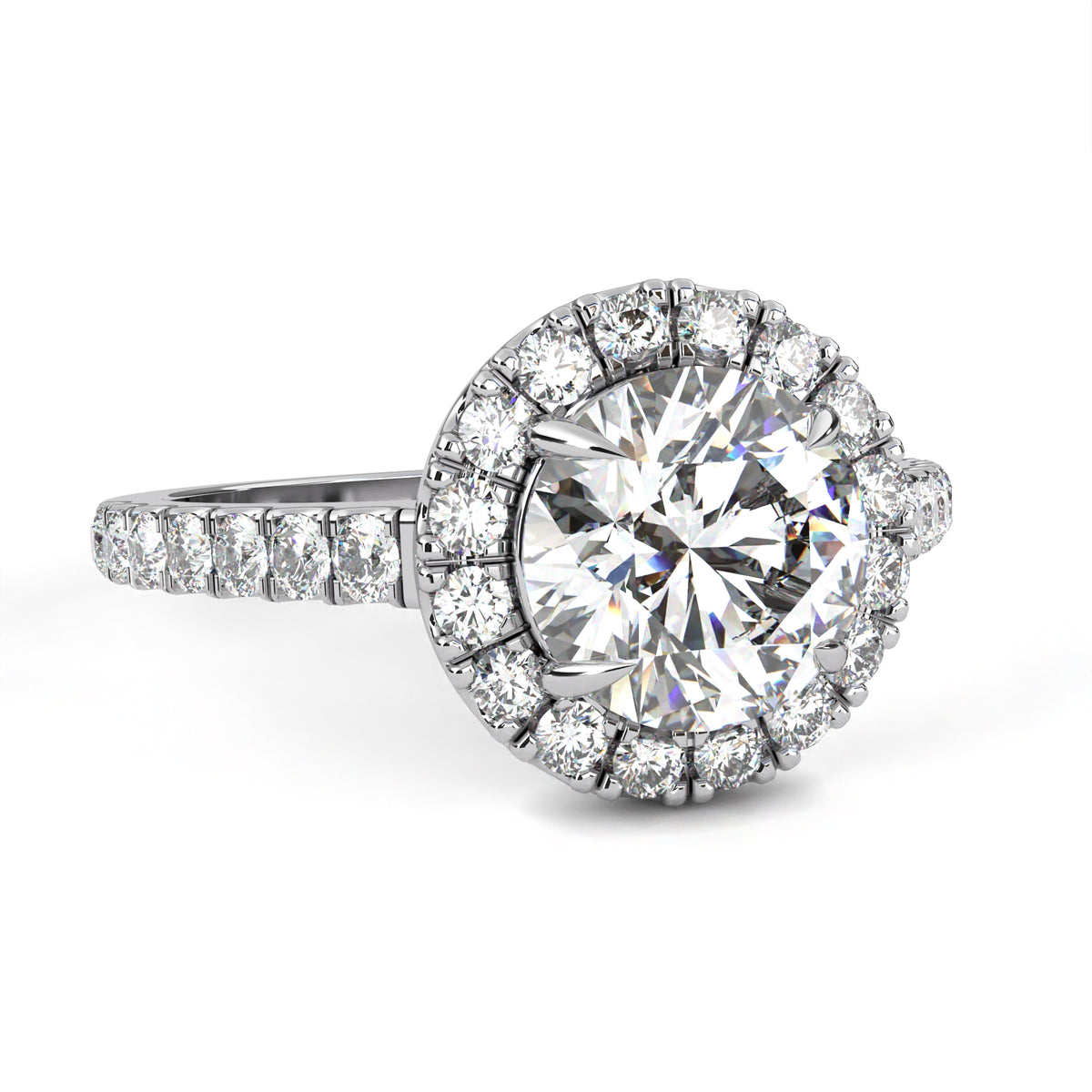 White Gold Round Brilliant Diamond Halo Ring with Pavé Band