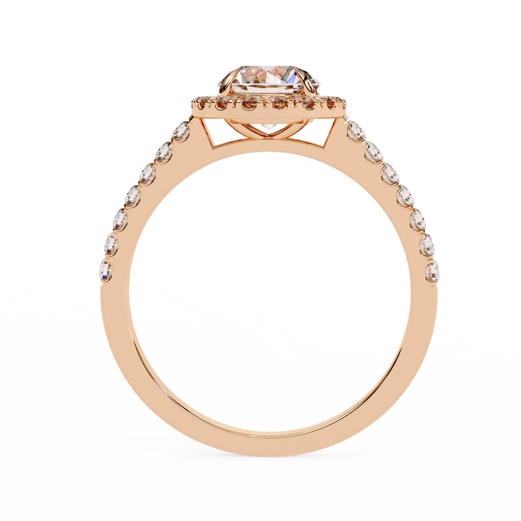 Rose Gold Round Brilliant Diamond Halo Ring with Pavé Band