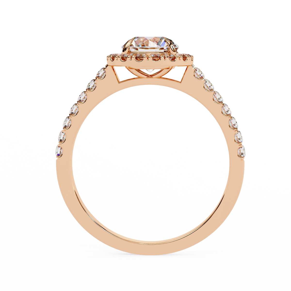 Rose Gold Round Brilliant Diamond Halo Ring with Pavé Band