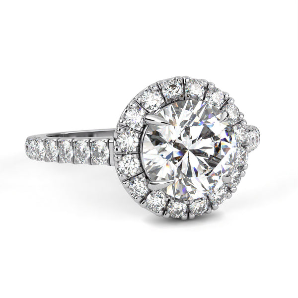 White Gold Round Brilliant Diamond Halo Ring with Pavé Band