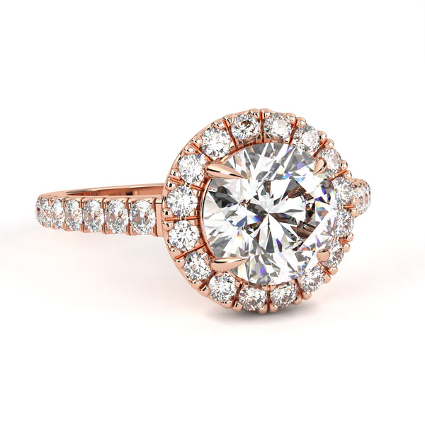 Rose Gold Round Brilliant Diamond Halo Ring with Pavé Band