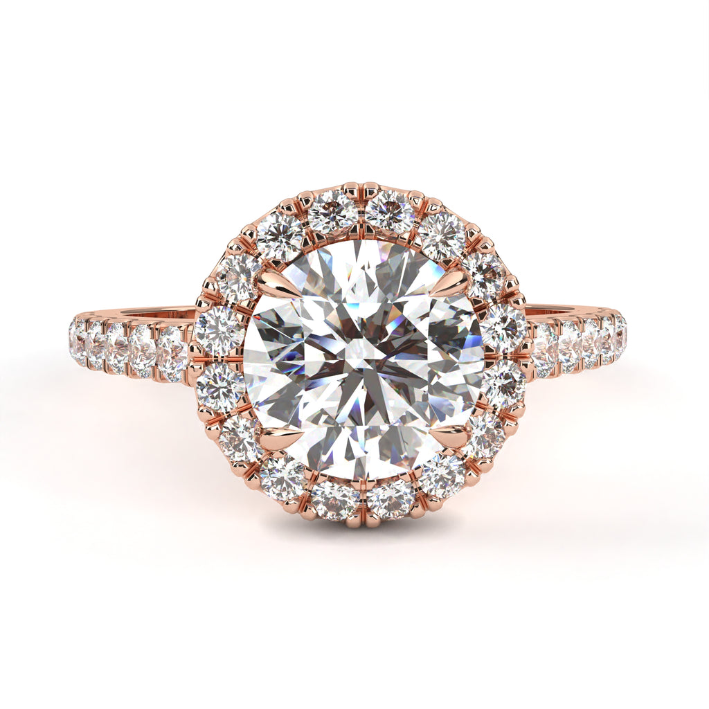 Rose Gold Round Brilliant Diamond Halo Ring with Pavé Band