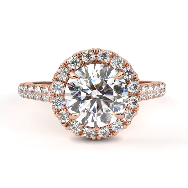 Rose Gold Round Brilliant Diamond Halo Ring with Pavé Band