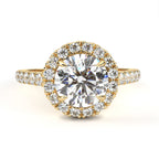 Yellow Gold Round Brilliant Diamond Halo Ring with Pavé Band
