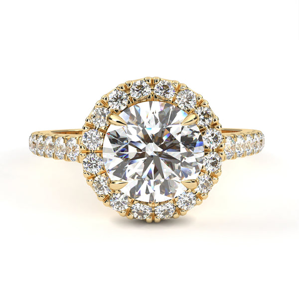 Yellow Gold Round Brilliant Diamond Halo Ring with Pavé Band