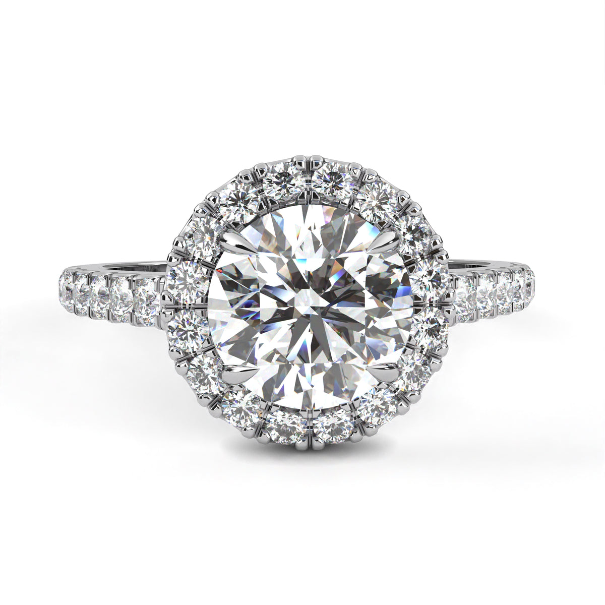 White Gold Round Brilliant Diamond Halo Ring with Pavé Band