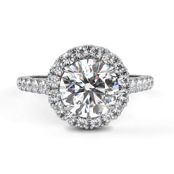 White Gold Round Brilliant Diamond Halo Ring with Pavé Band