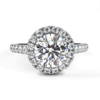 White Gold Round Brilliant Diamond Halo Ring with Pavé Band