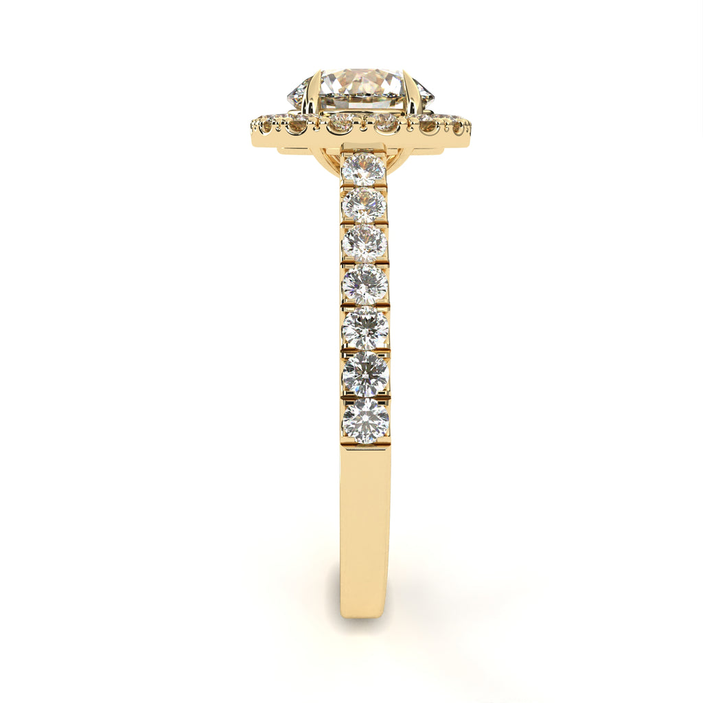 Yellow Gold Round Brilliant Diamond Halo Ring with Pavé Band