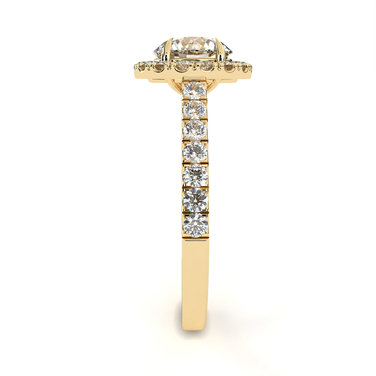 Yellow Gold Round Brilliant Diamond Halo Ring with Pavé Band