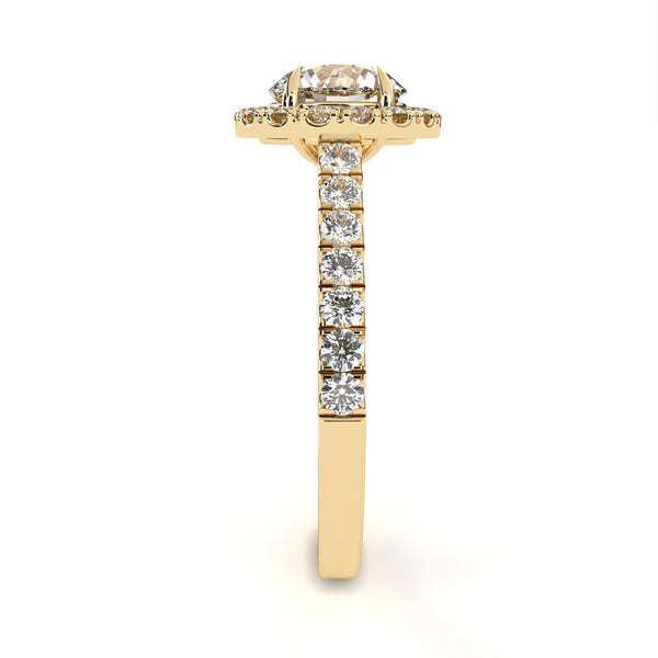 Yellow Gold Round Brilliant Diamond Halo Ring with Pavé Band