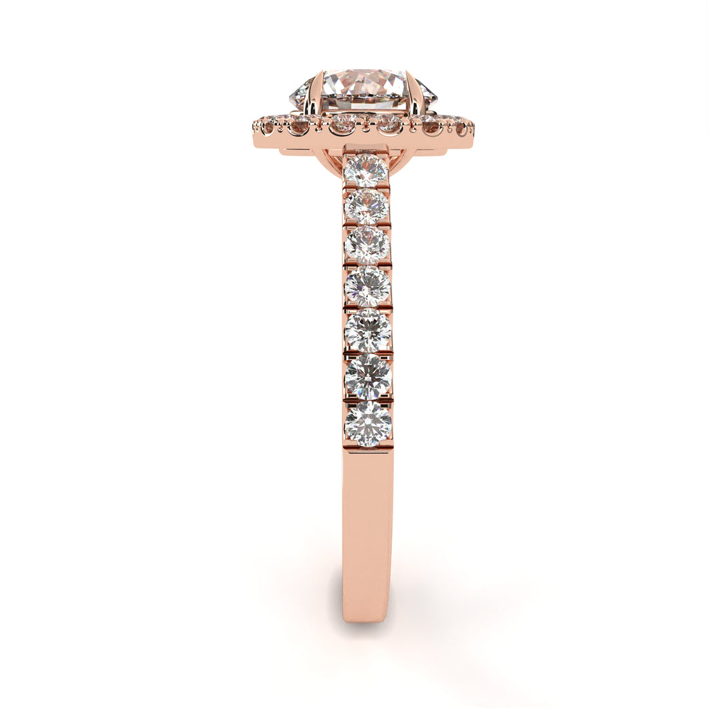 Rose Gold Round Brilliant Diamond Halo Ring with Pavé Band