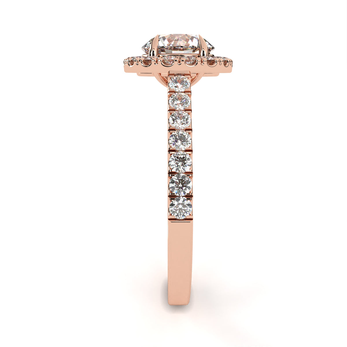Rose Gold Round Brilliant Diamond Halo Ring with Pavé Band