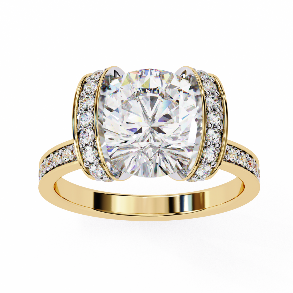 Yellow Gold Cushion Cut Diamond Ring with Vertical Pavé Side Panels