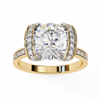 Yellow Gold Cushion Cut Diamond Ring with Vertical Pavé Side Panels
