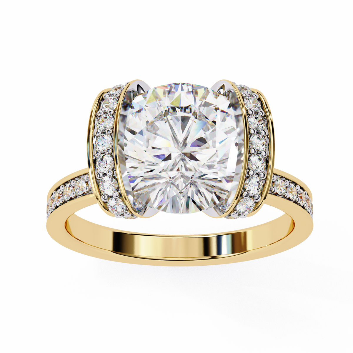Yellow Gold Cushion Cut Diamond Ring with Vertical Pavé Side Panels