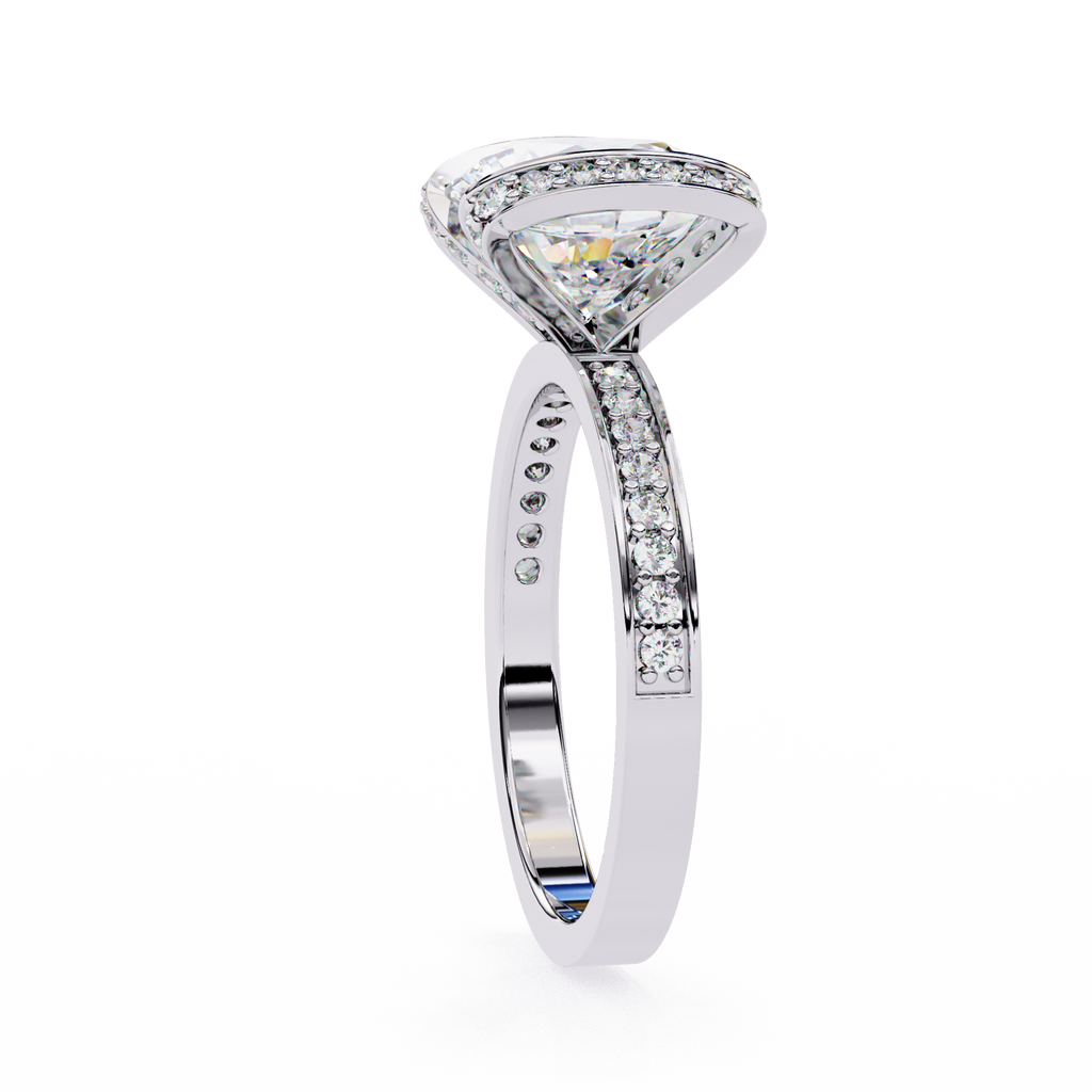 White Gold Cushion Cut Diamond Ring with Vertical Pavé Side Panels