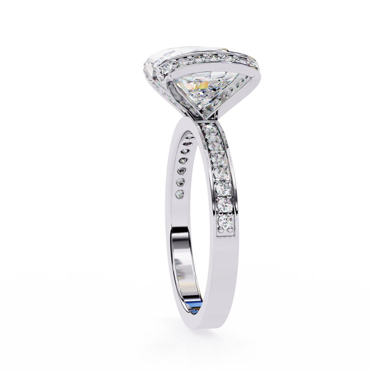 White Gold Cushion Cut Diamond Ring with Vertical Pavé Side Panels