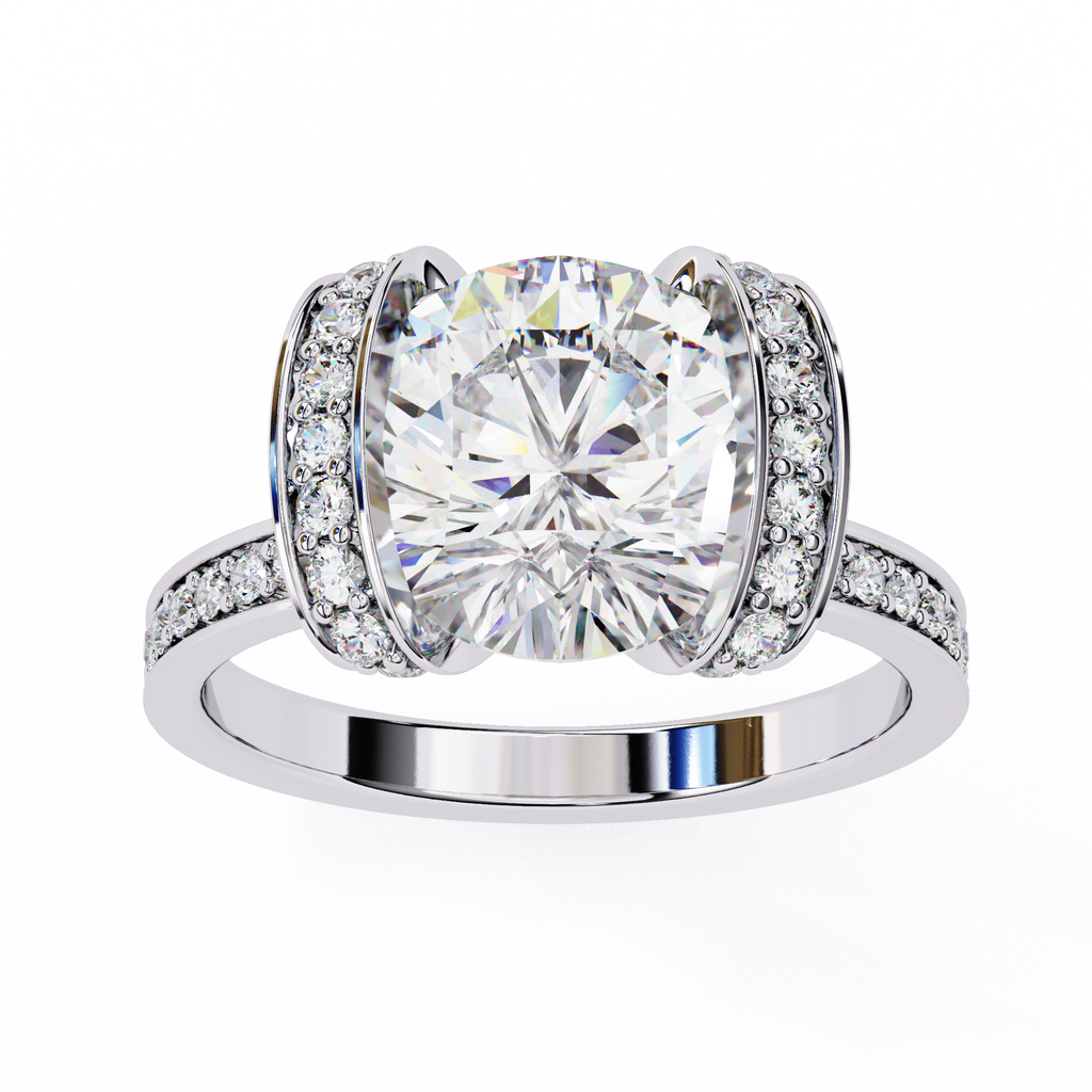 White Gold Cushion Cut Diamond Ring with Vertical Pavé Side Panels