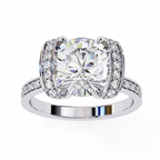 White Gold Cushion Cut Diamond Ring with Vertical Pavé Side Panels