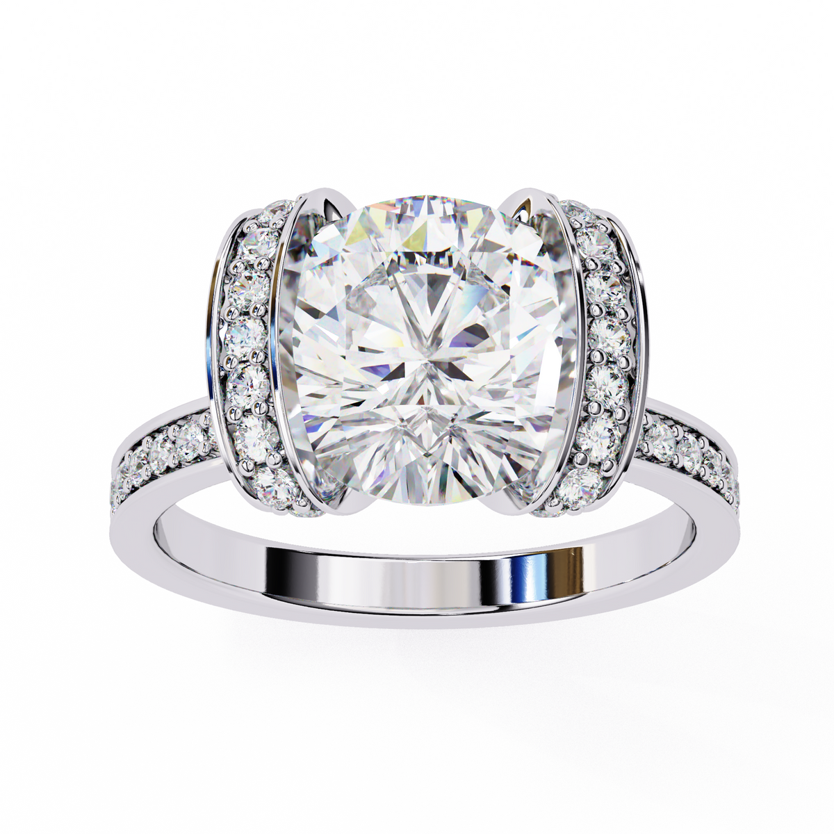 White Gold Cushion Cut Diamond Ring with Vertical Pavé Side Panels