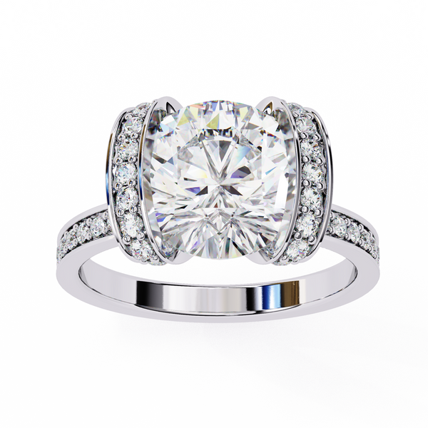 White Gold Cushion Cut Diamond Ring with Vertical Pavé Side Panels