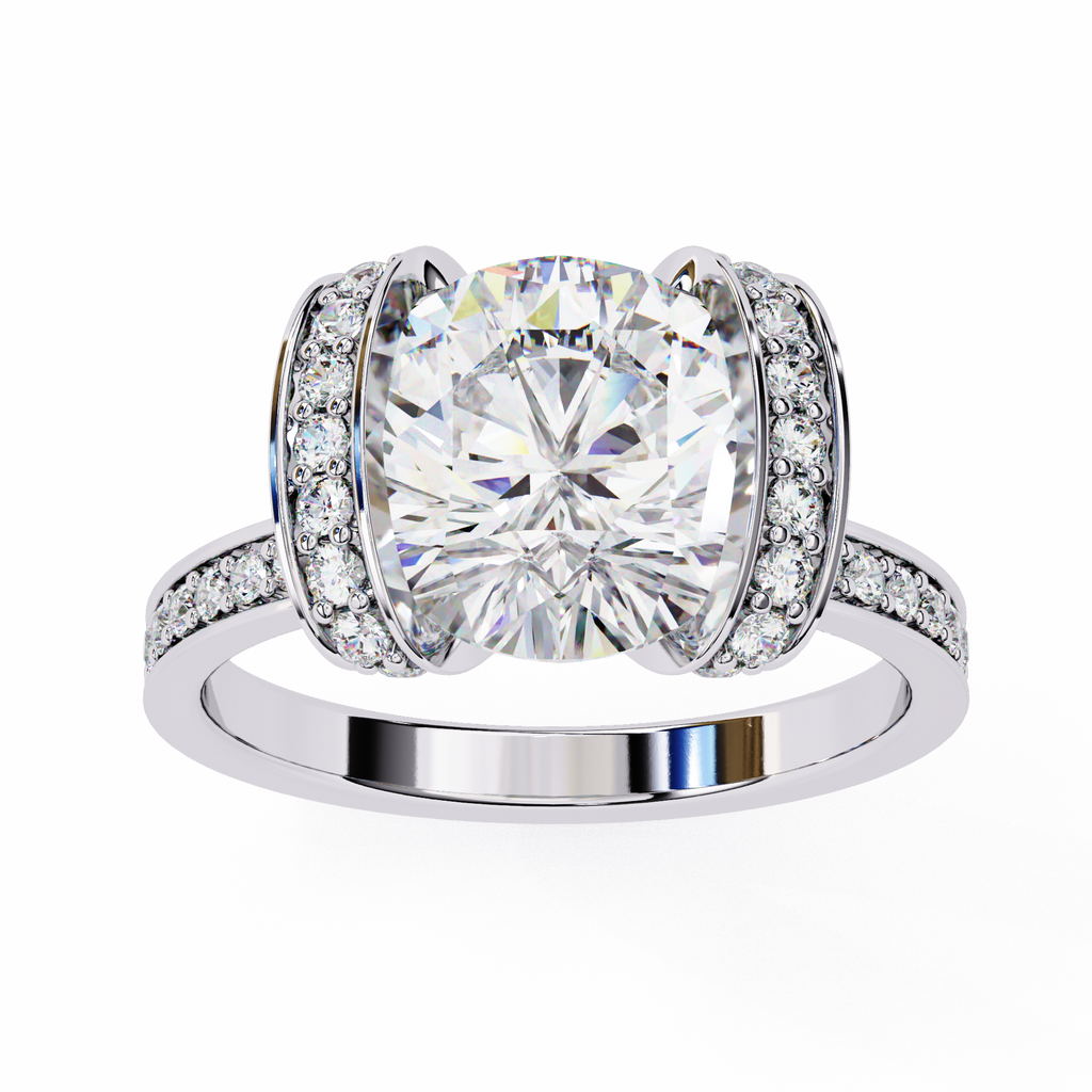 White Gold Cushion Cut Diamond Ring with Vertical Pavé Side Panels