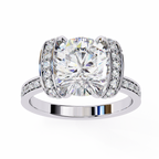 White Gold Cushion Cut Diamond Ring with Vertical Pavé Side Panels