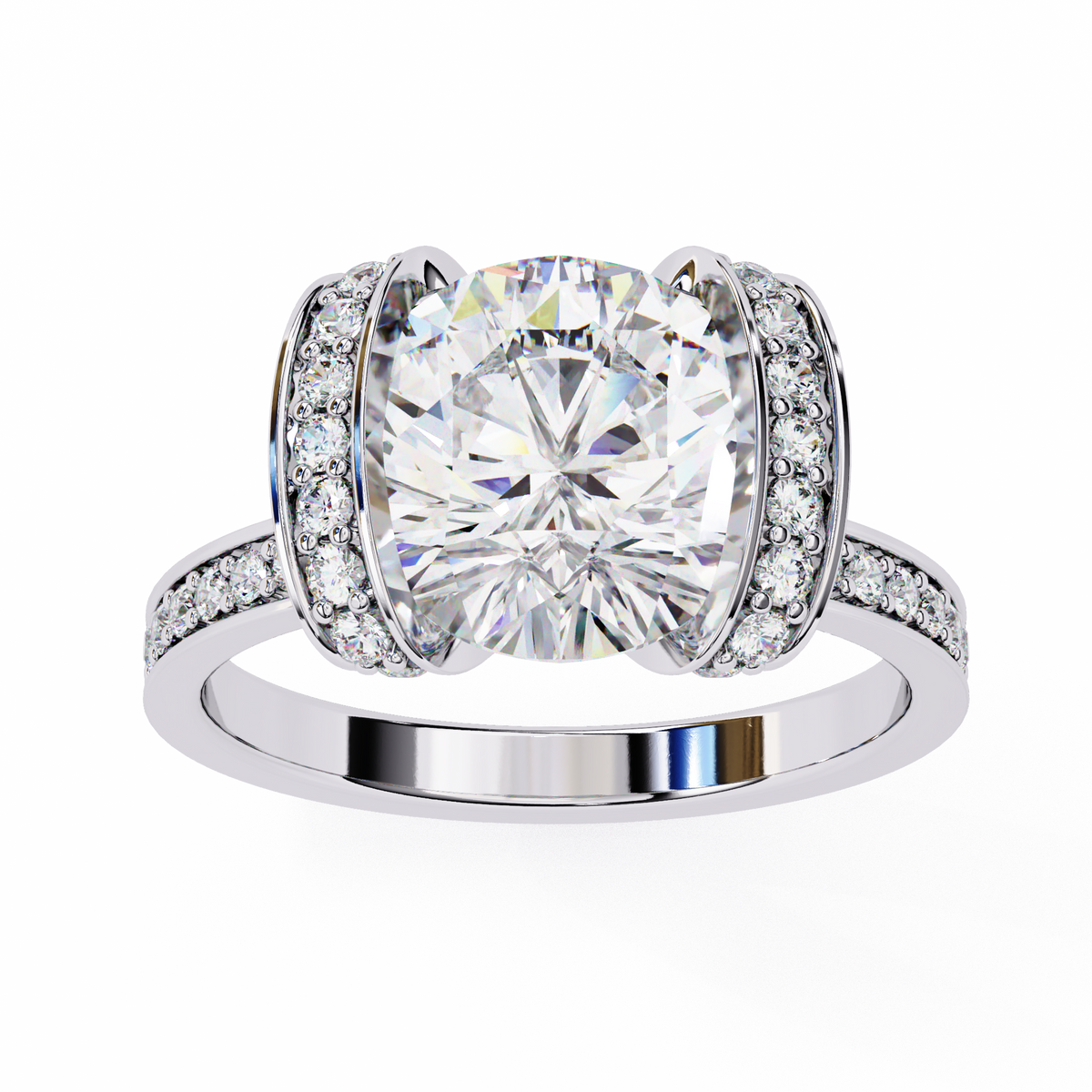 White Gold Cushion Cut Diamond Ring with Vertical Pavé Side Panels
