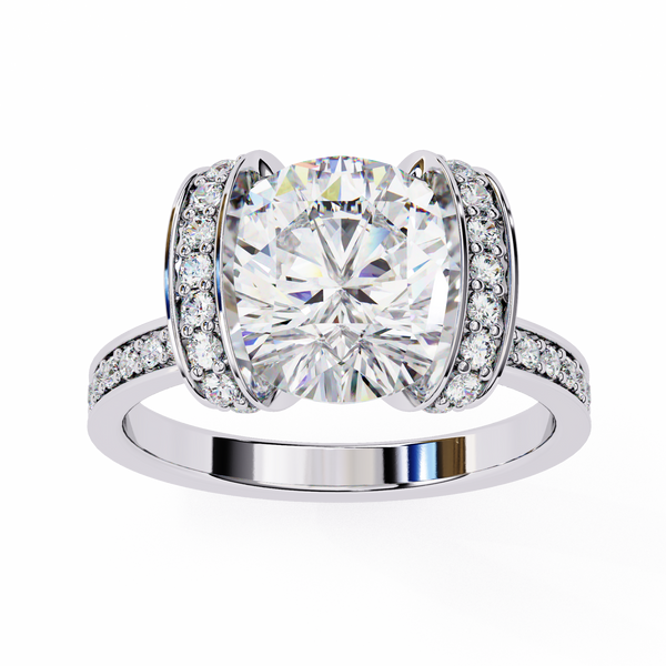 White Gold Cushion Cut Diamond Ring with Vertical Pavé Side Panels