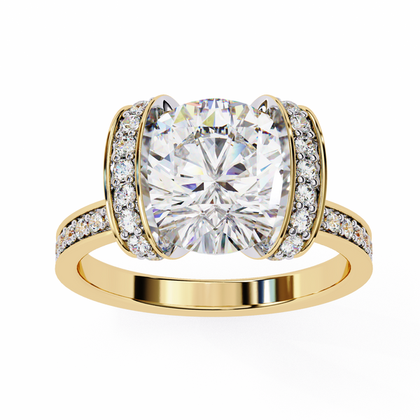 Yellow Gold Cushion Cut Diamond Ring with Vertical Pavé Side Panels