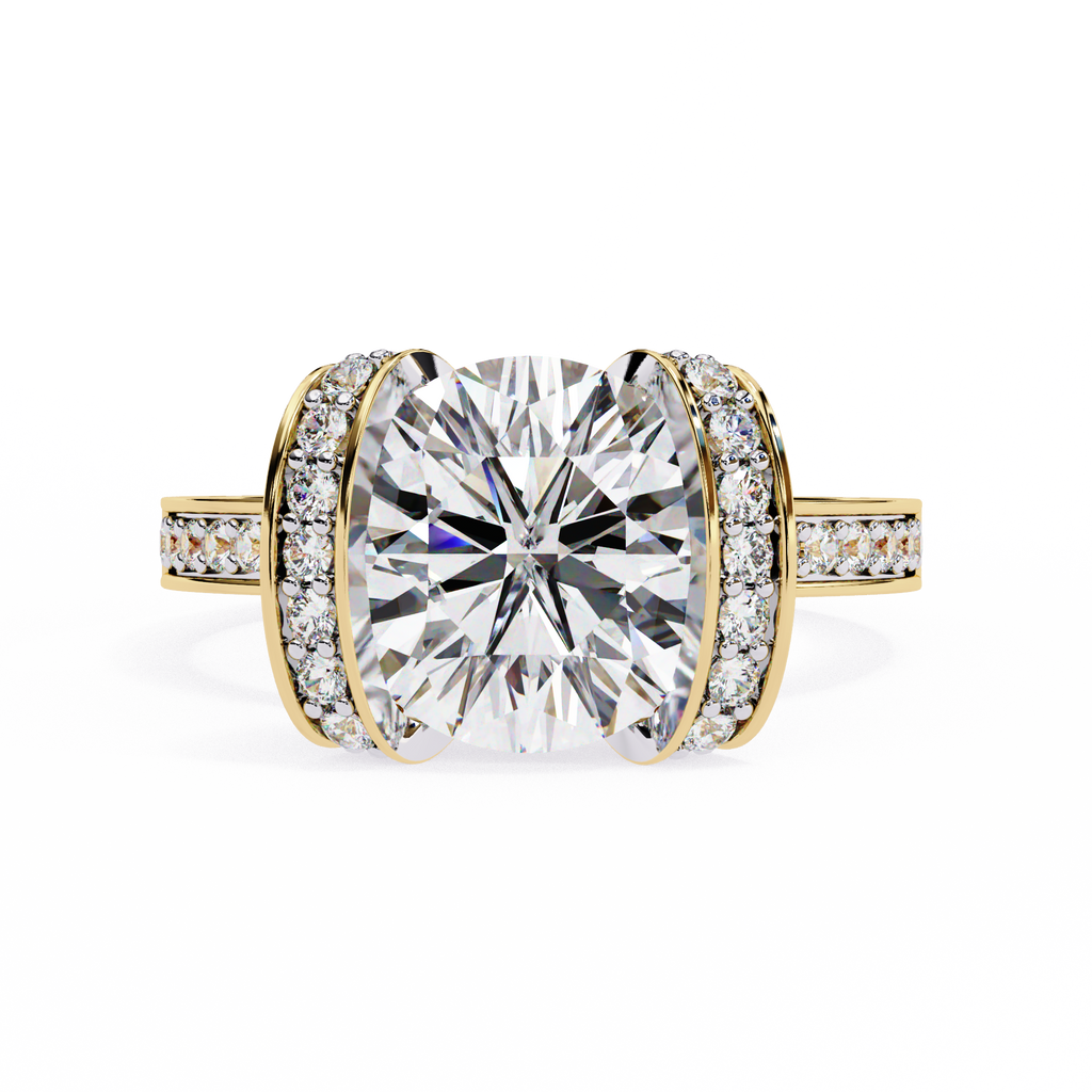 Yellow Gold Cushion Cut Diamond Ring with Vertical Pavé Side Panels