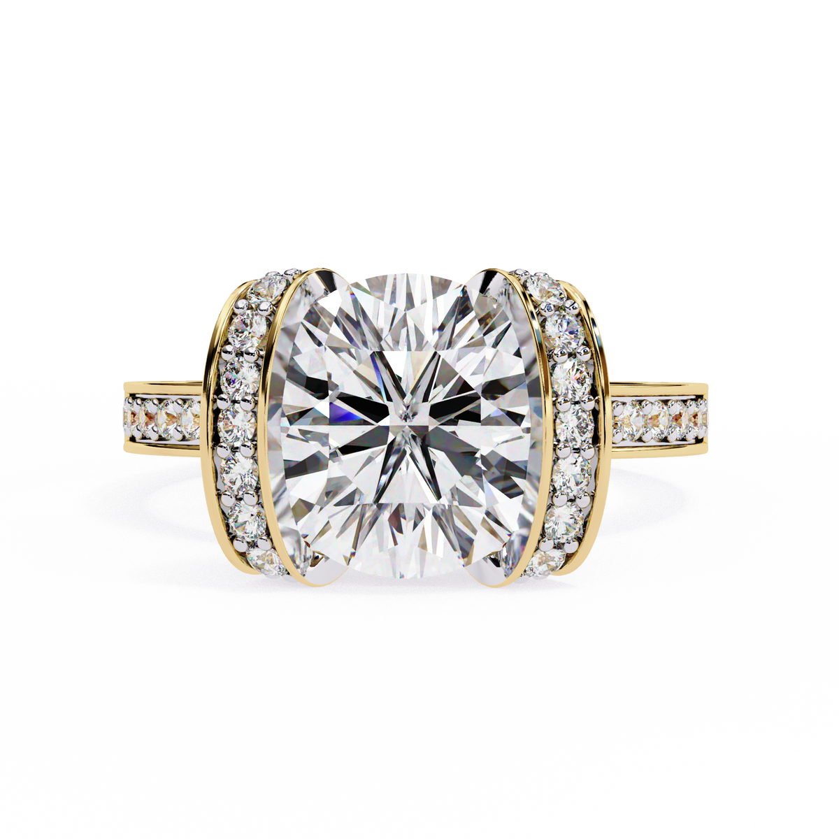 Yellow Gold Cushion Cut Diamond Ring with Vertical Pavé Side Panels