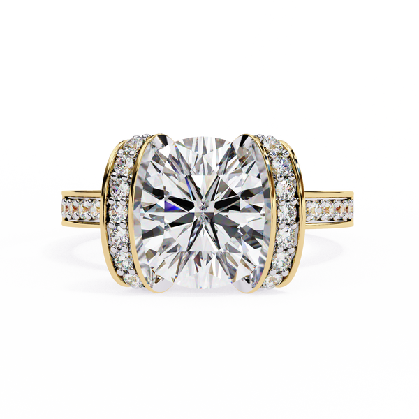 Yellow Gold Cushion Cut Diamond Ring with Vertical Pavé Side Panels