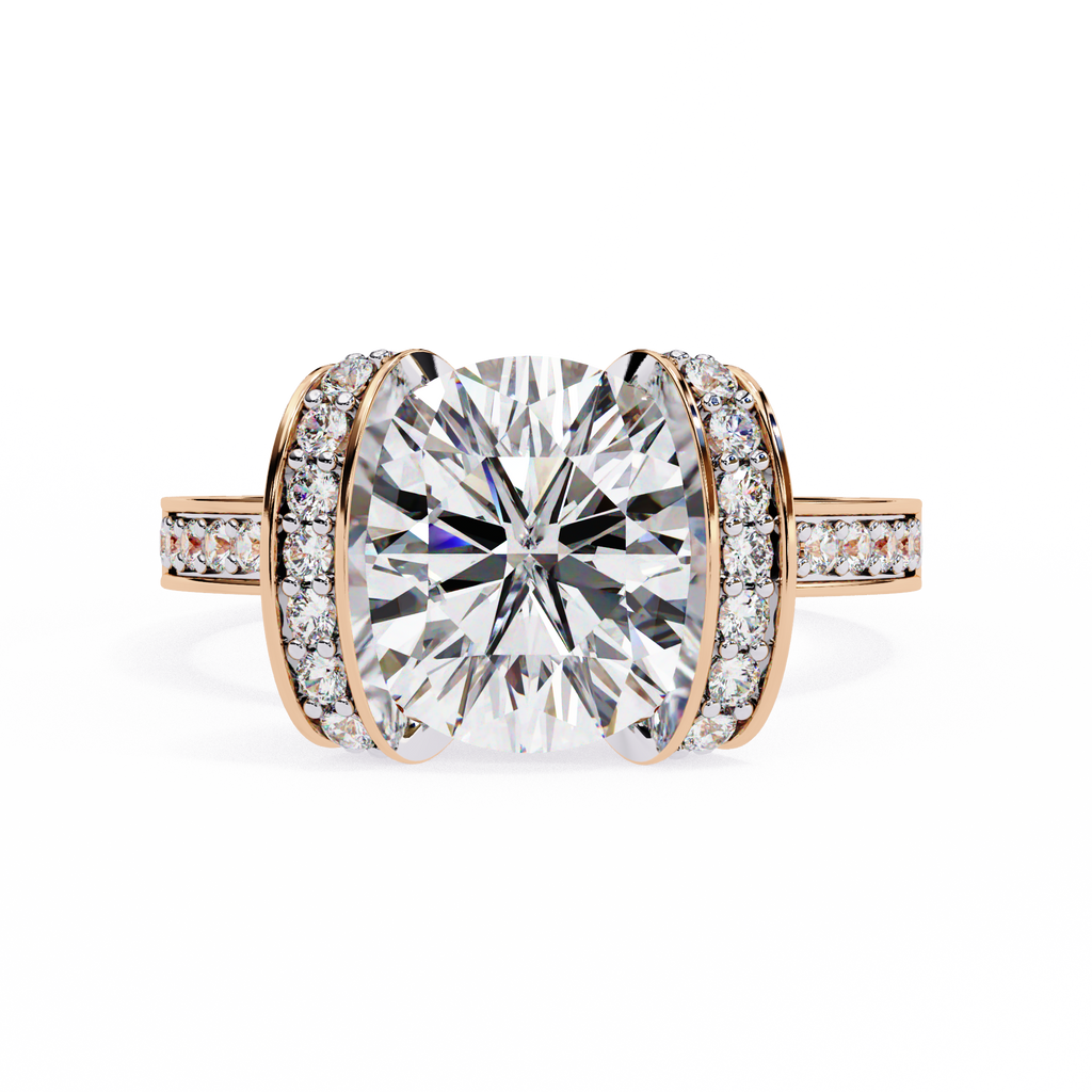 Rose Gold Cushion Cut Diamond Ring with Vertical Pavé Side Panels