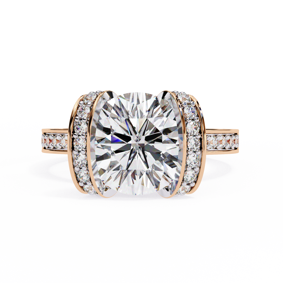 Rose Gold Cushion Cut Diamond Ring with Vertical Pavé Side Panels