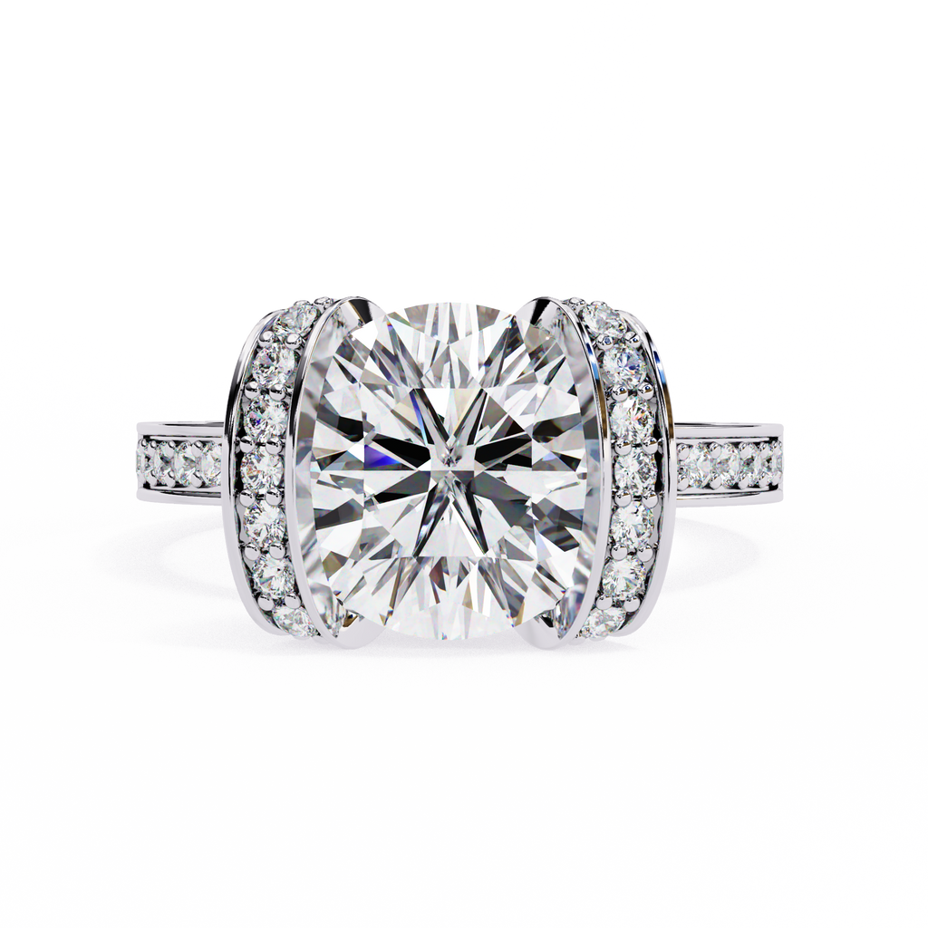 White Gold Cushion Cut Diamond Ring with Vertical Pavé Side Panels