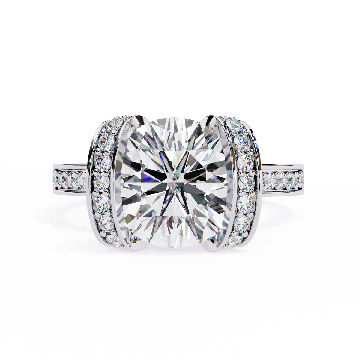 White Gold Cushion Cut Diamond Ring with Vertical Pavé Side Panels