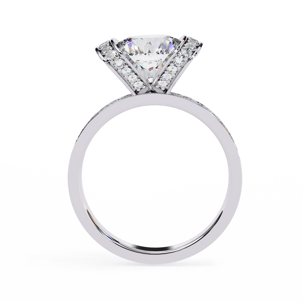 White Gold Cushion Cut Diamond Ring with Vertical Pavé Side Panels