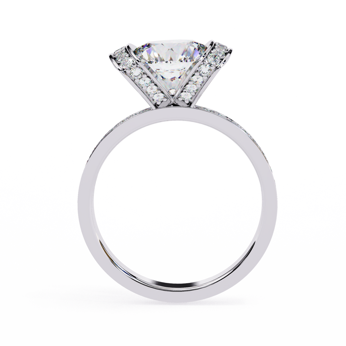 White Gold Cushion Cut Diamond Ring with Vertical Pavé Side Panels