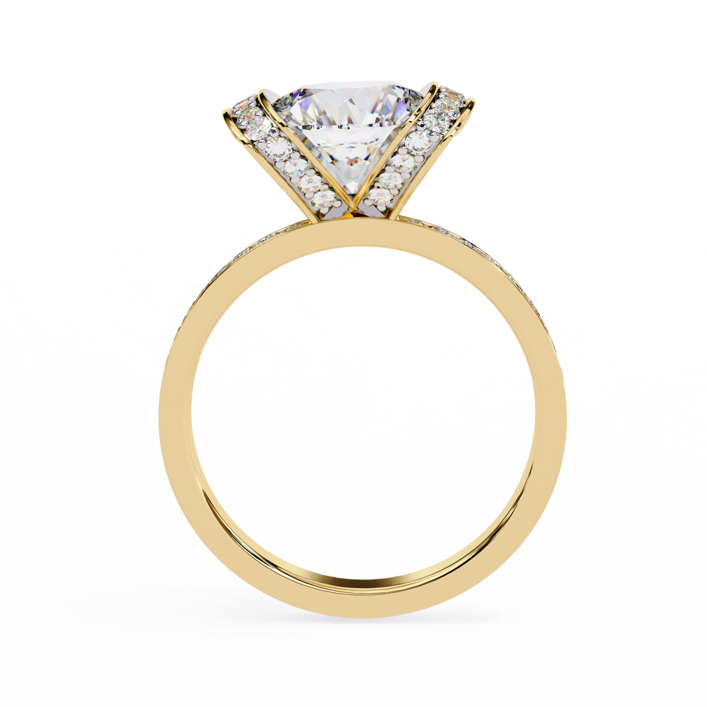 Yellow Gold Cushion Cut Diamond Ring with Vertical Pavé Side Panels