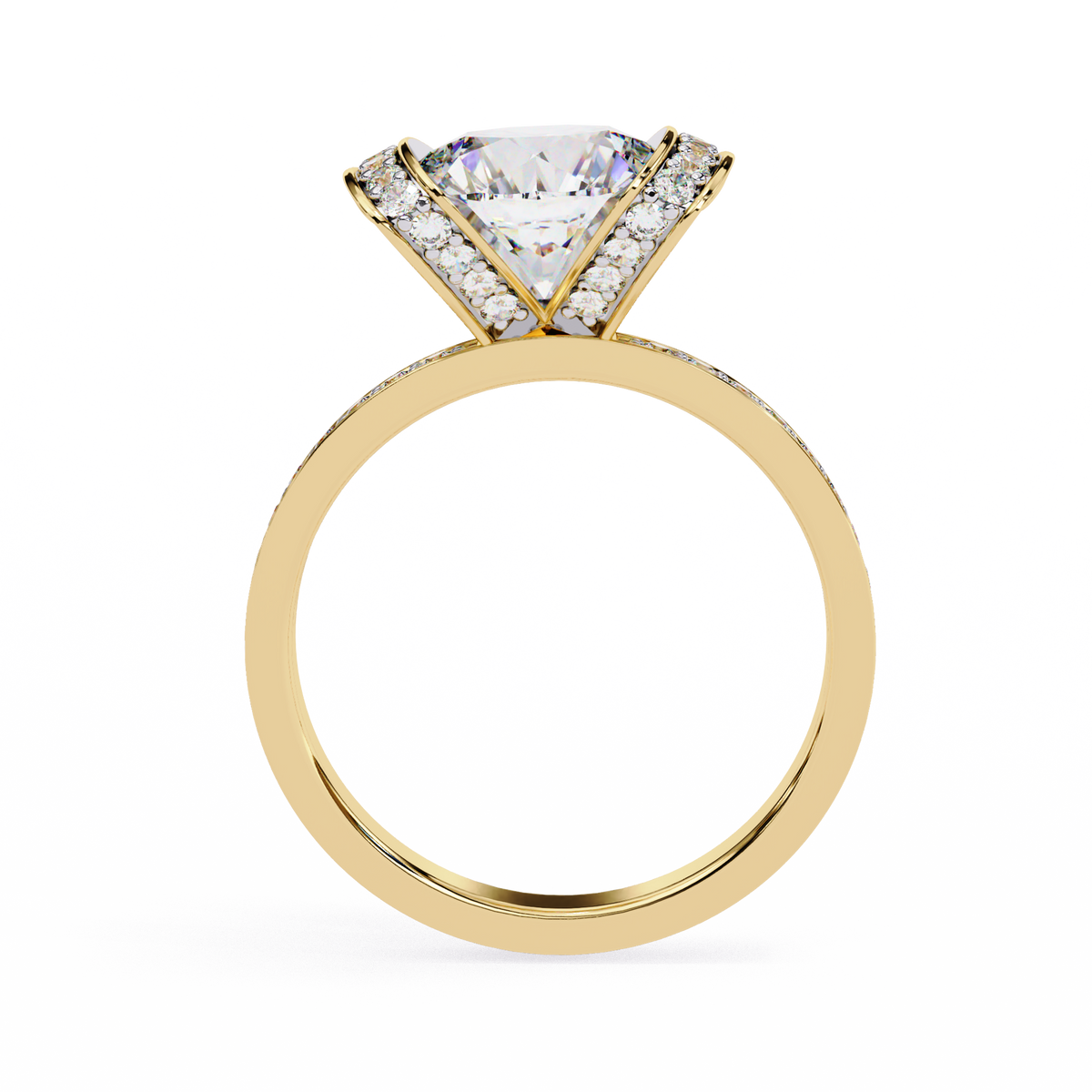 Yellow Gold Cushion Cut Diamond Ring with Vertical Pavé Side Panels