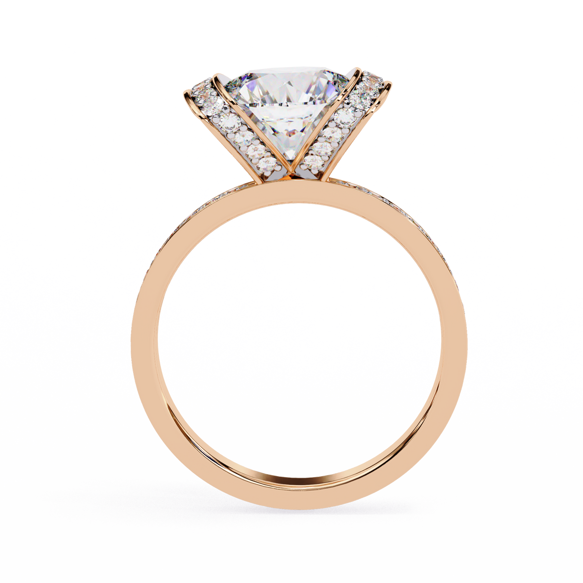 Rose Gold Cushion Cut Diamond Ring with Vertical Pavé Side Panels