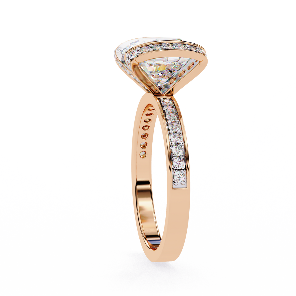 Rose Gold Cushion Cut Diamond Ring with Vertical Pavé Side Panels