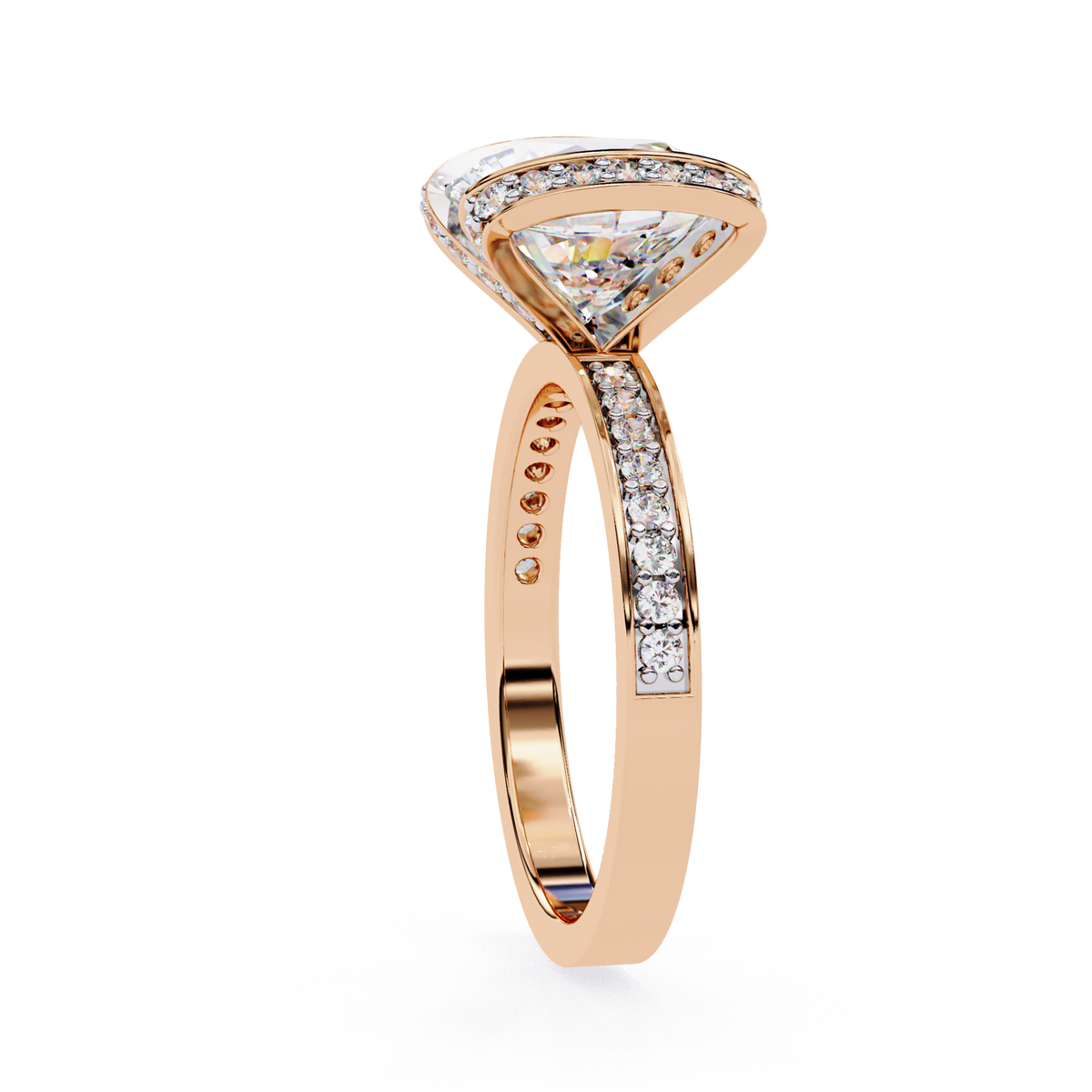 Rose Gold Cushion Cut Diamond Ring with Vertical Pavé Side Panels