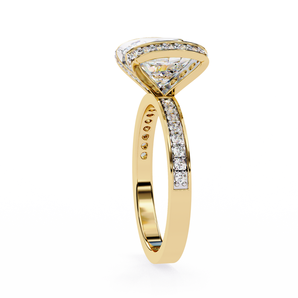 Yellow Gold Cushion Cut Diamond Ring with Vertical Pavé Side Panels